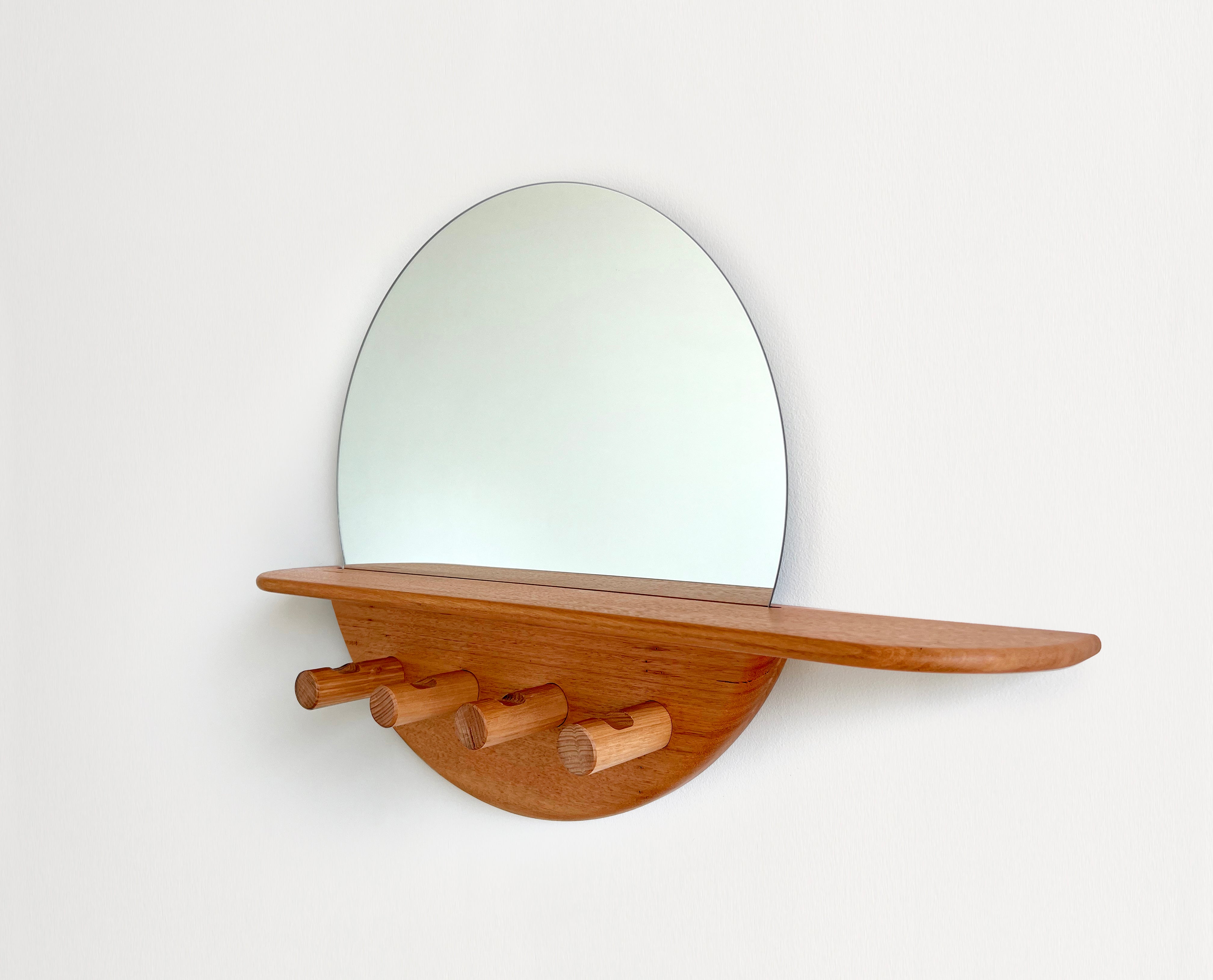 Flat packable ELN entryway mirror with key drop shelf and 4 coat hooks. Handmade locally in Melbourne Australia from ethical & sustainable sourced Blackbutt timber.