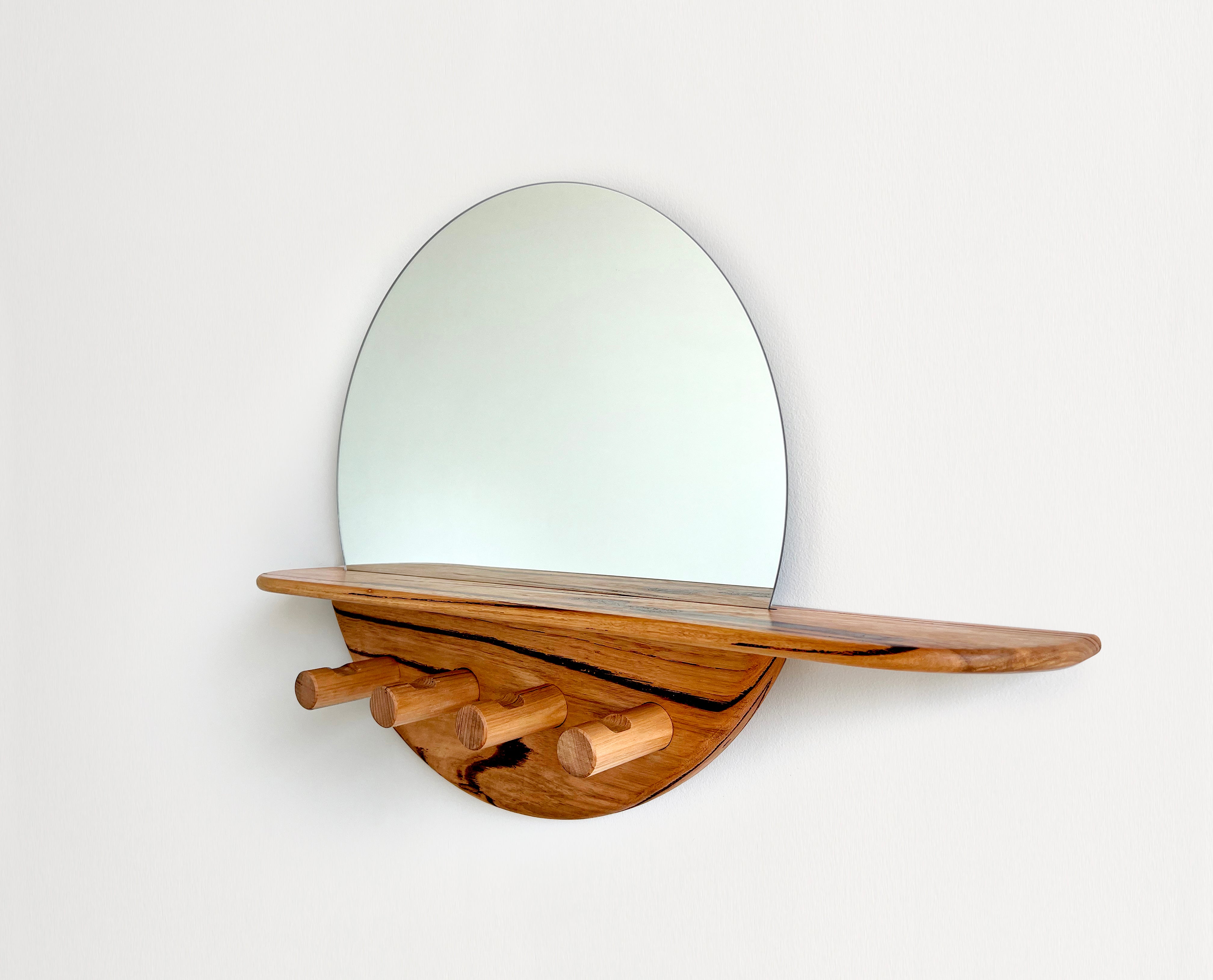 Flat packable ELN entryway mirror with key drop shelf and 4 coat hooks. Handmade locally in Melbourne Australia from ethical & sustainable sourced Messmate timber
