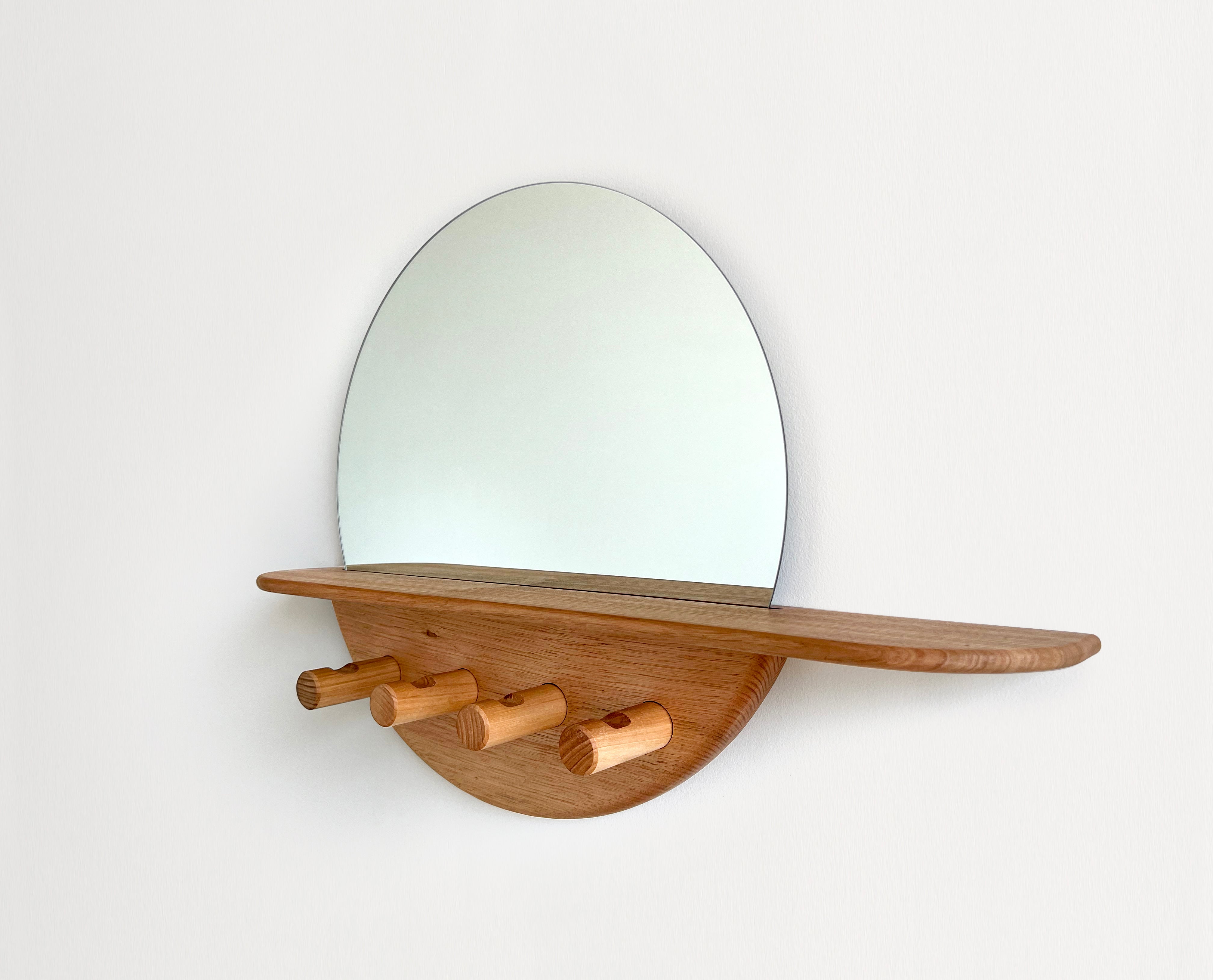Flat packable ELN entryway mirror with key drop shelf and 4 coat hooks. Handmade locally in Melbourne Australia from ethical & sustainable sourced Tasmanian Oak timber