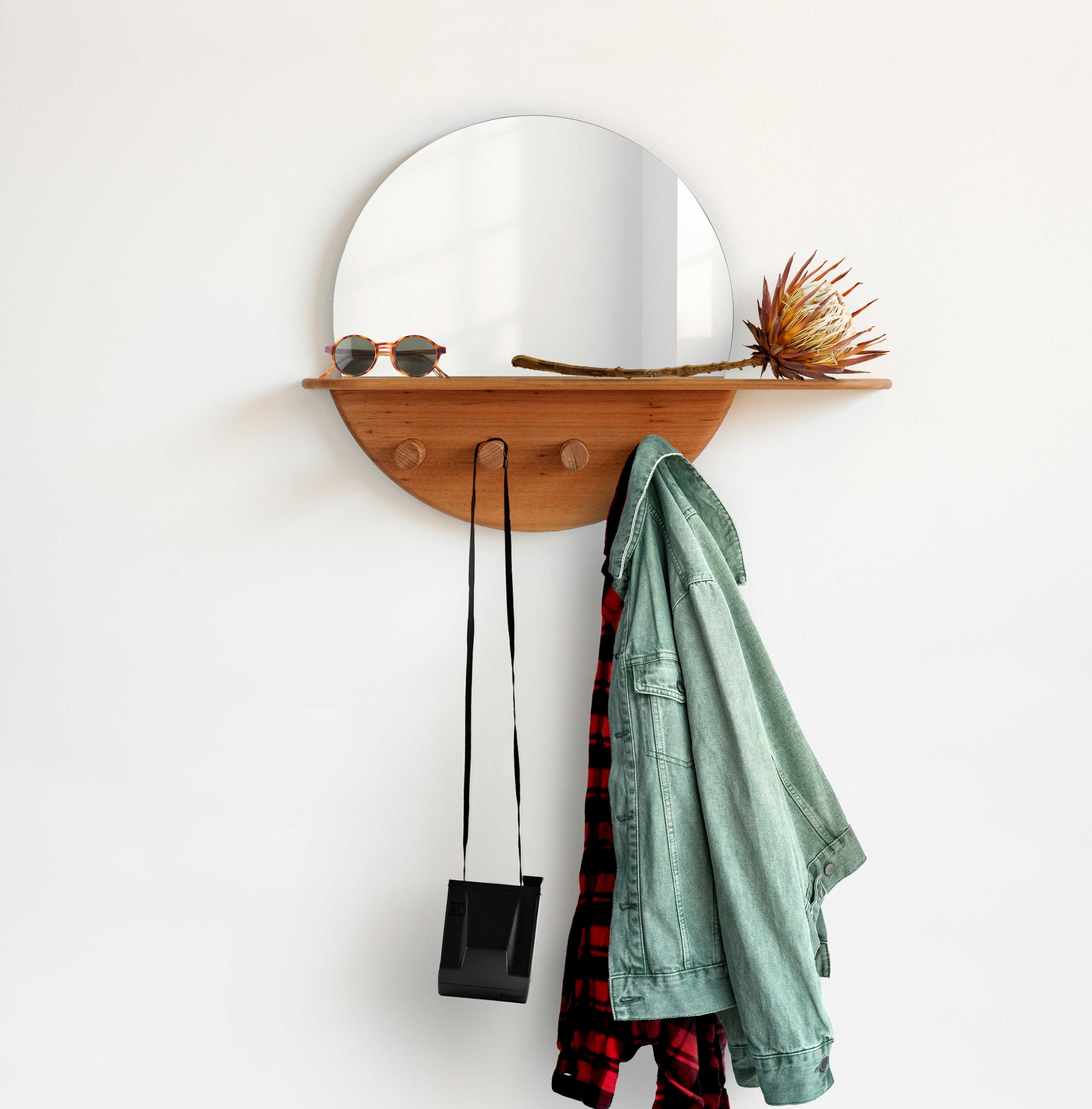 Flat packable ELN entryway mirror with key drop shelf and 4 coat hooks. Handmade locally in Melbourne Australia from ethical & sustainable sourced Blackbutt timber.
