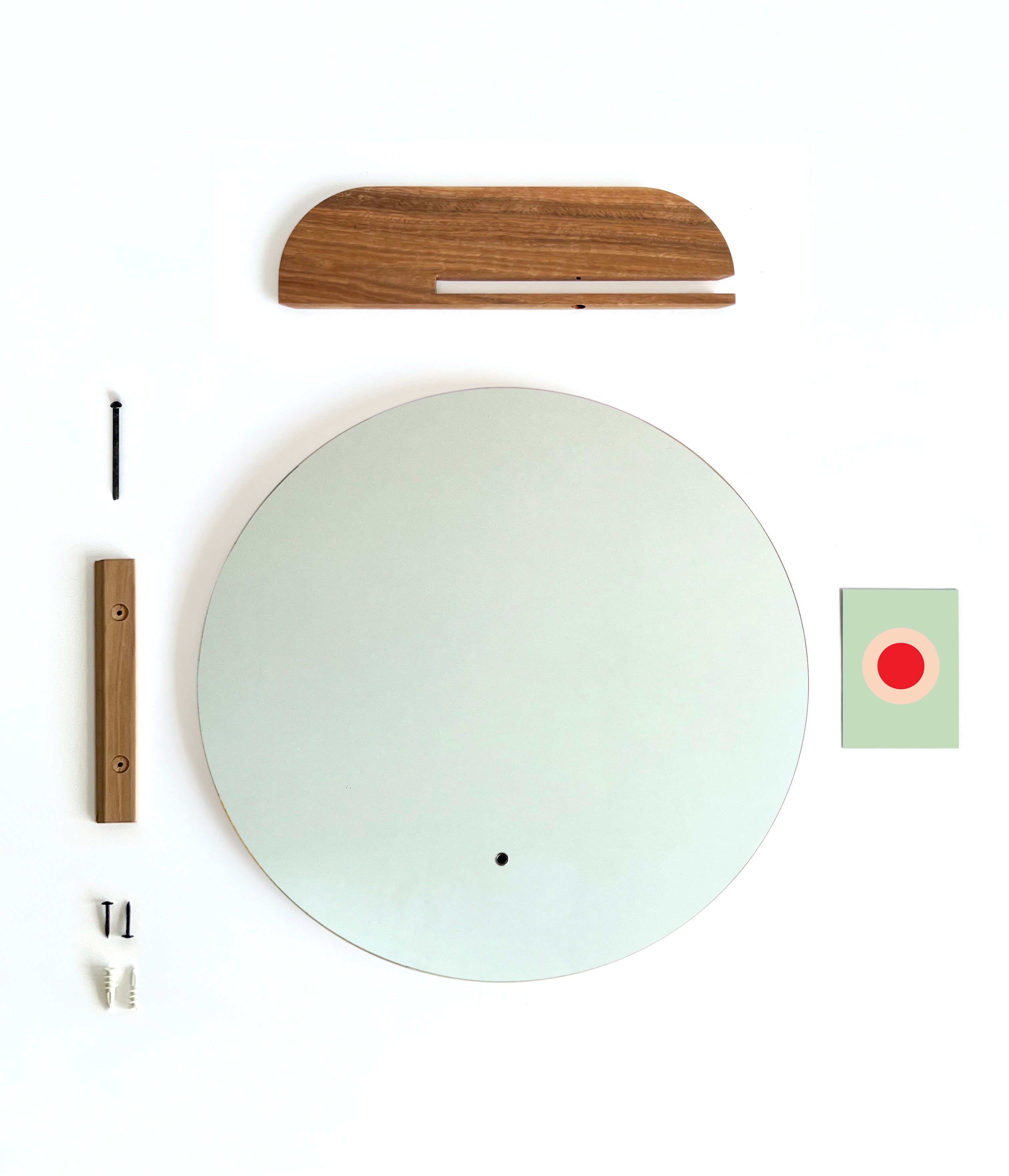 Round 50cm vanity mirror with minimal timber shelf Handmade locally in Melbourne Australia from ethical & sustainable sourced Blackwood timber