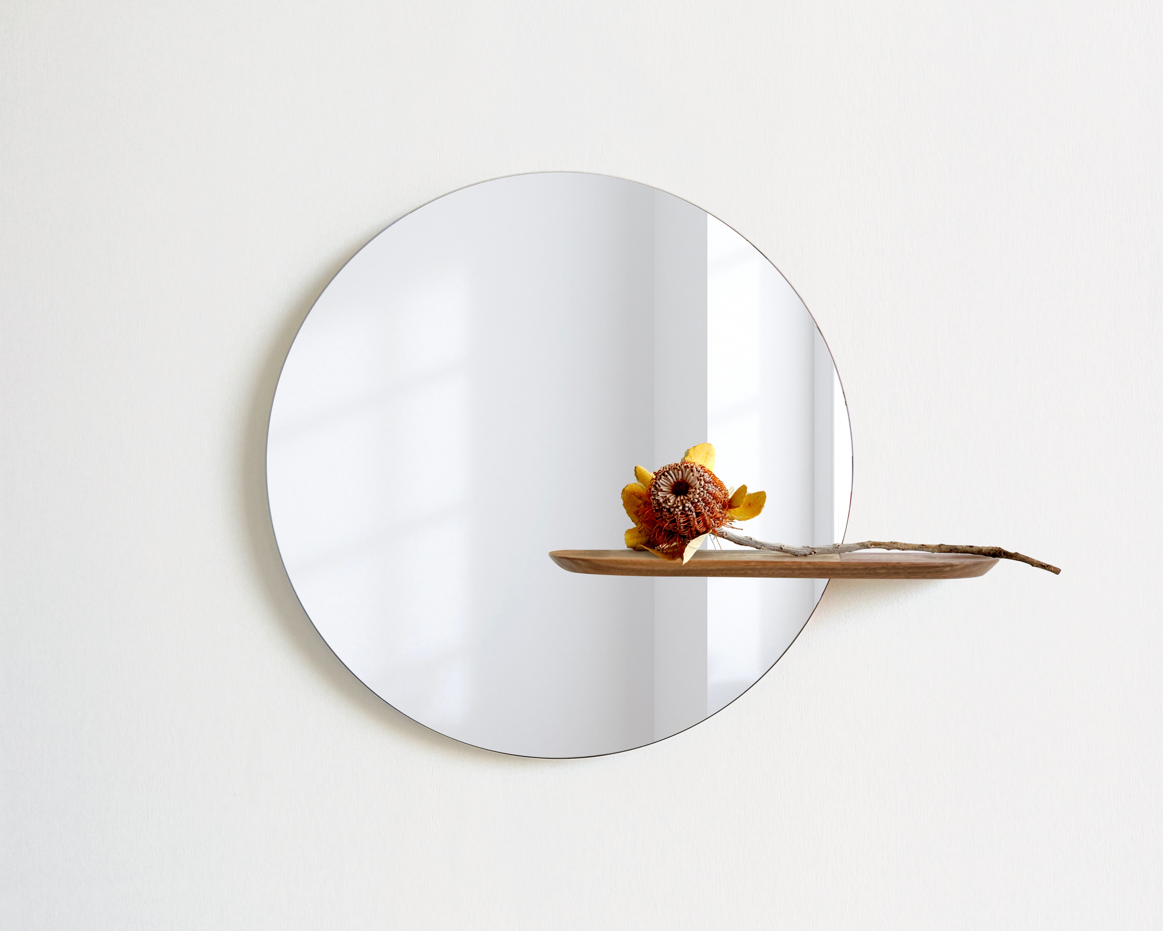 Round 50cm vanity mirror with minimal timber shelf Handmade locally in Melbourne Australia from ethical & sustainable sourced Blackwood timber