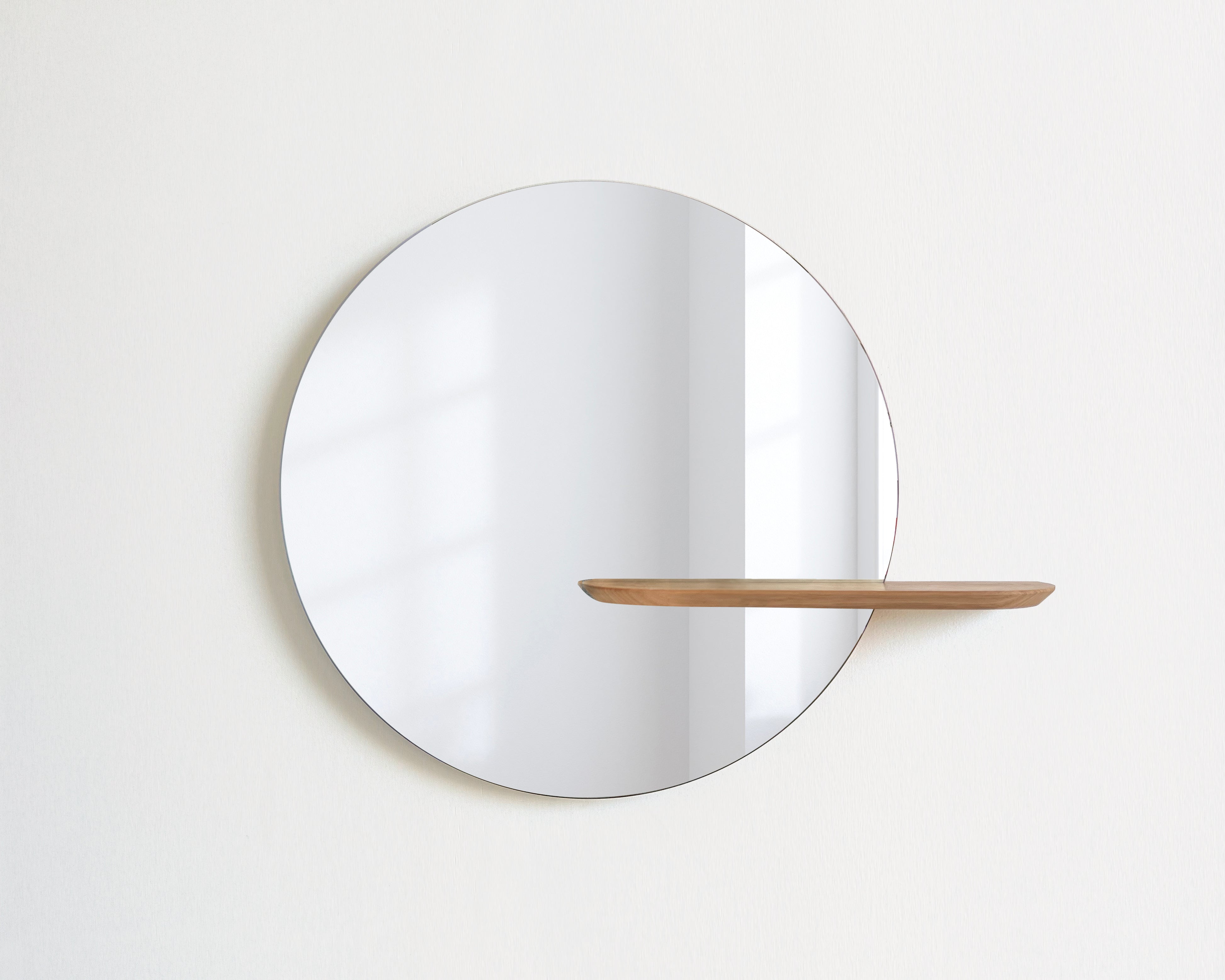 Round 50cm vanity mirror with minimal timber shelf Handmade locally in Melbourne Australia from ethical & sustainable sourced Tasmanian Oak timber