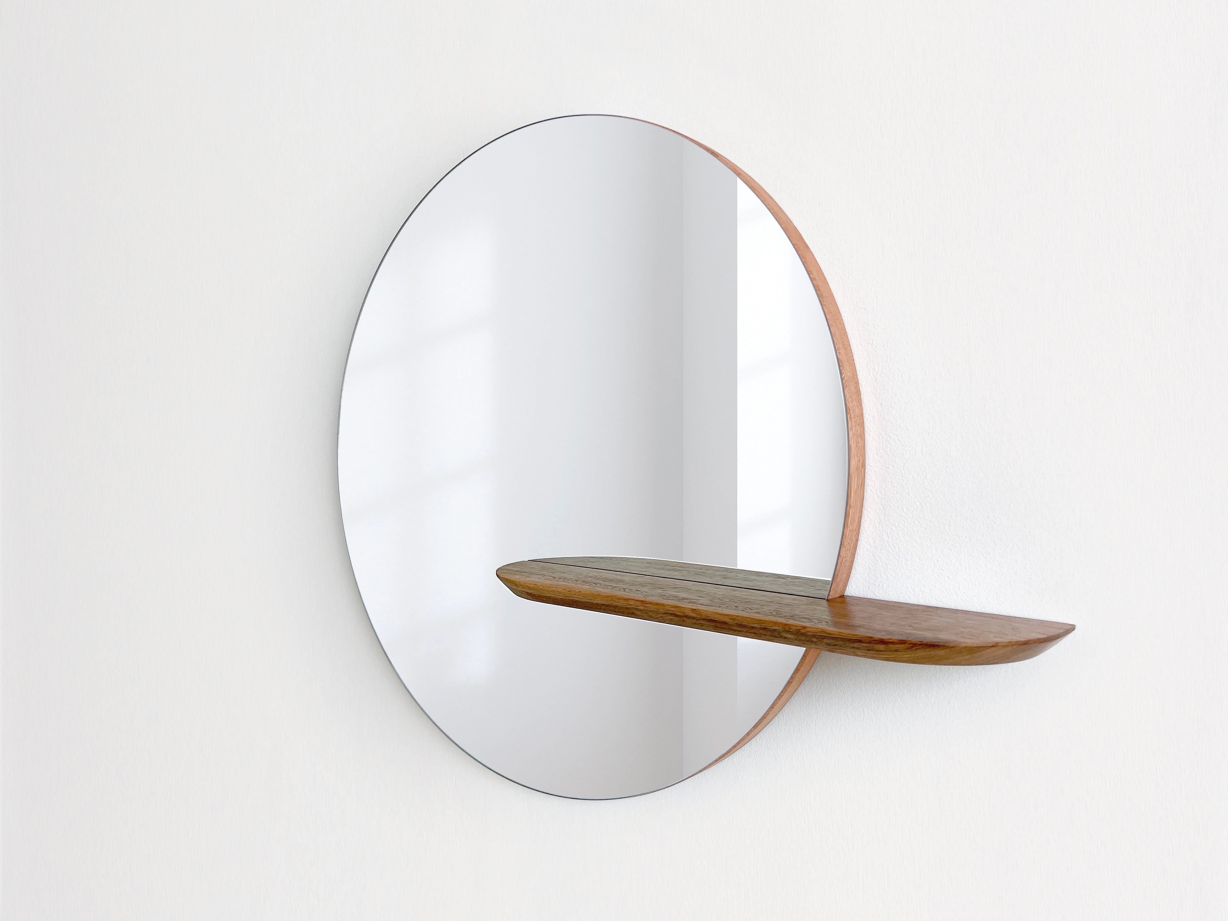 Round 50cm vanity mirror with minimal timber shelf Handmade locally in Melbourne Australia from ethical & sustainable sourced Blackwood timber