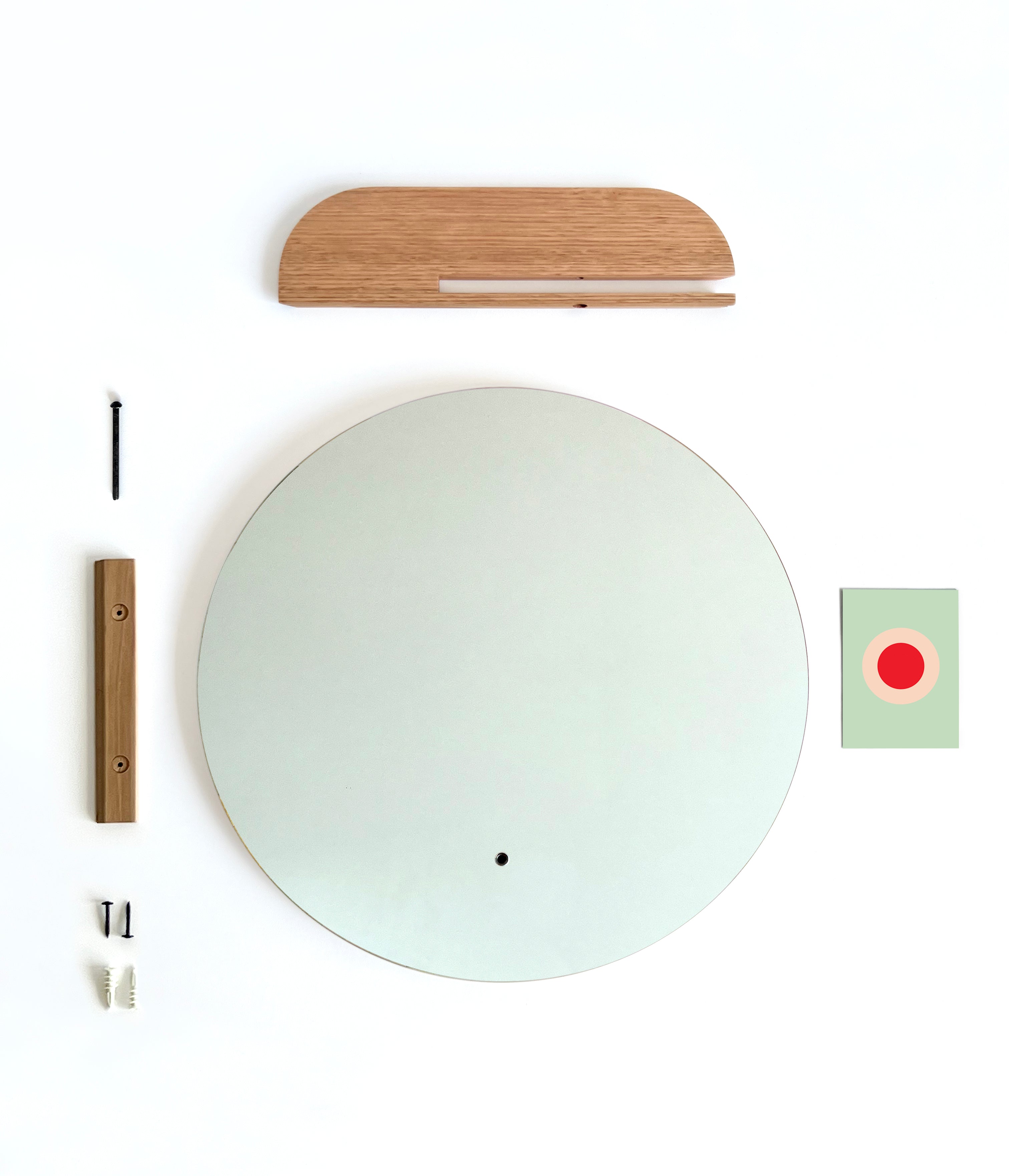 Round 50cm vanity mirror with minimal timber shelf Handmade locally in Melbourne Australia from ethical & sustainable sourced Tasmanian Oak timber