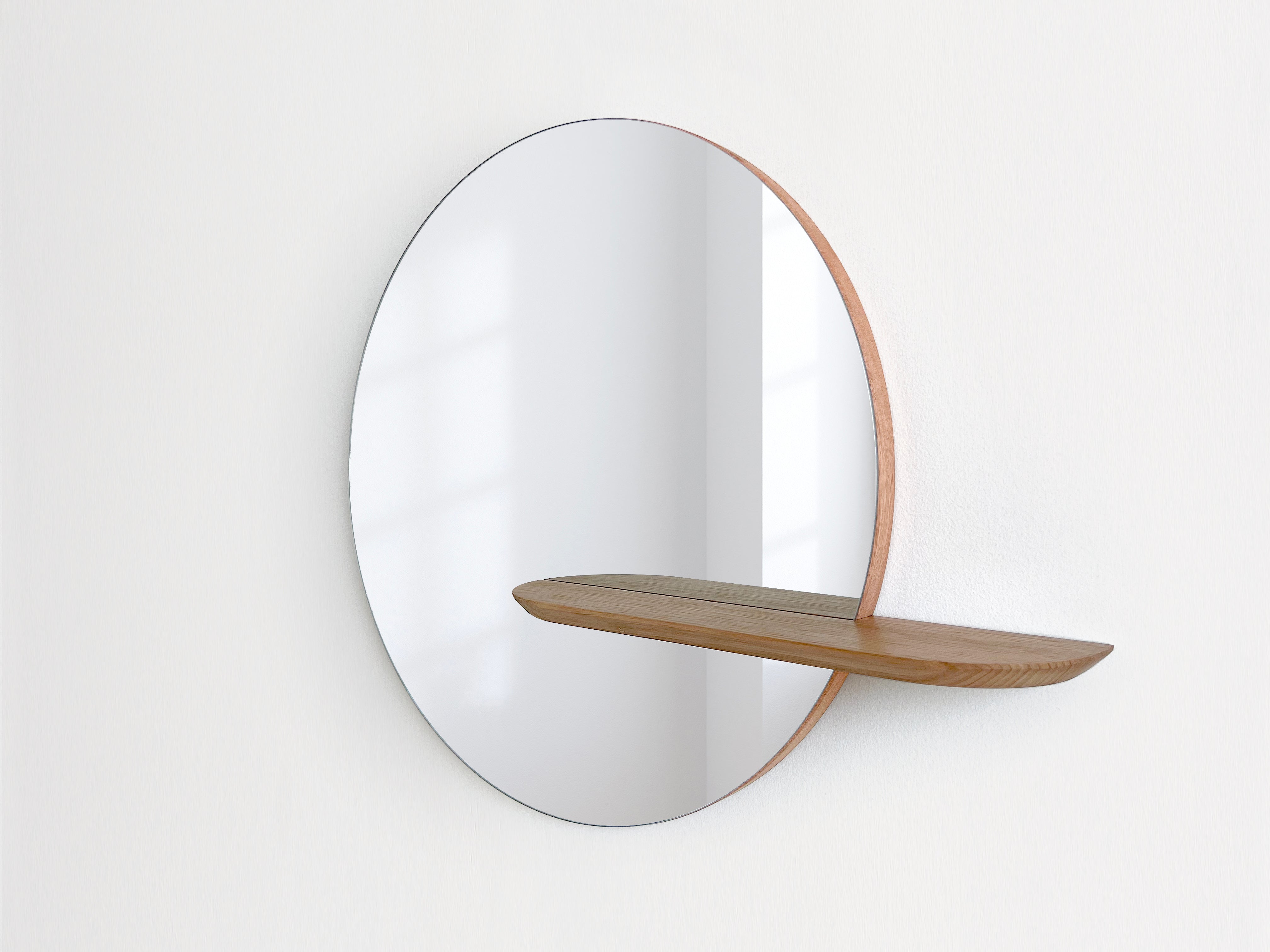 Round 50cm vanity mirror with minimal timber shelf Handmade locally in Melbourne Australia from ethical & sustainable sourced Tasmanian Oak timber