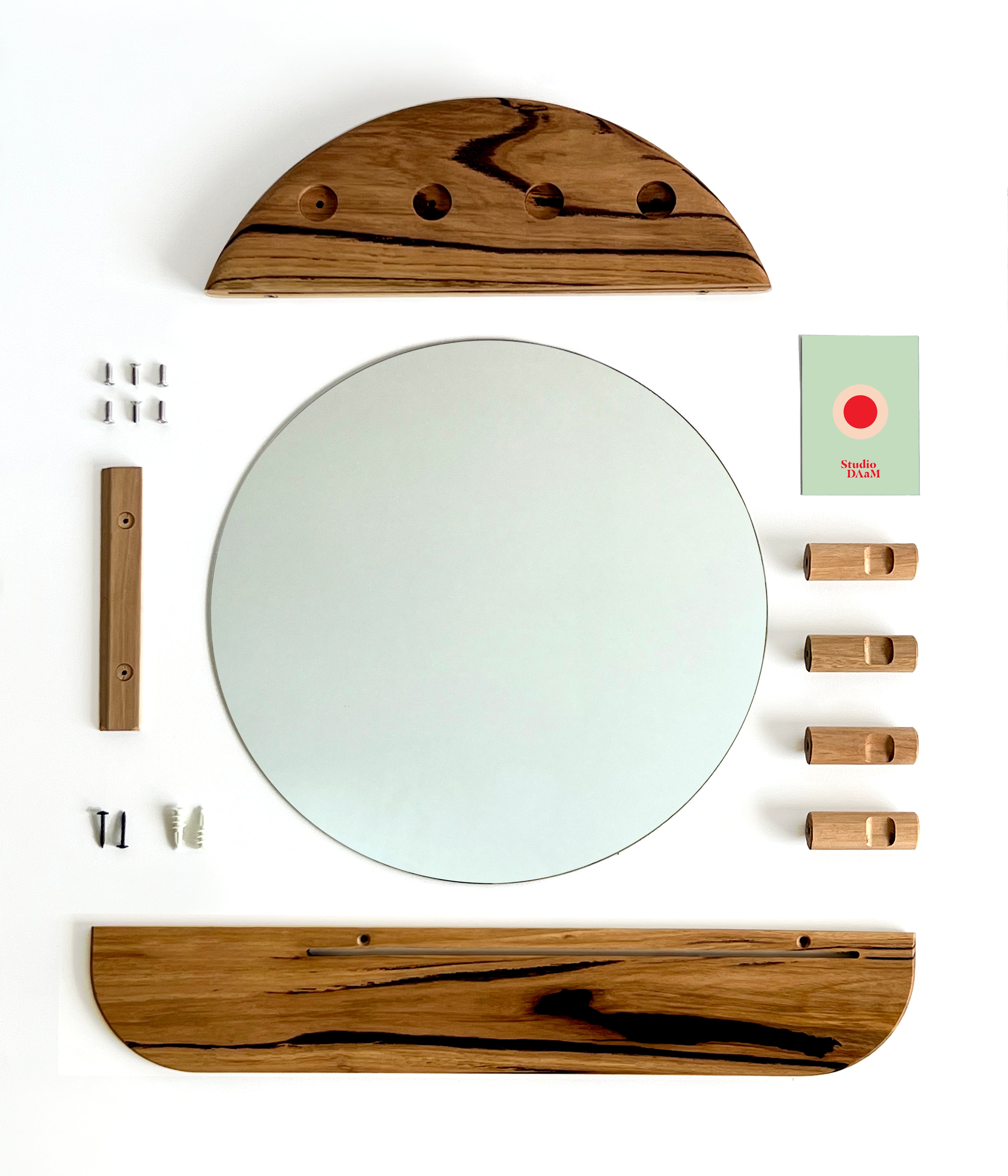 Flat packable ELN entryway mirror with key drop shelf and 4 coat hooks. Handmade locally in Melbourne Australia from ethical & sustainable sourced Messmate timber