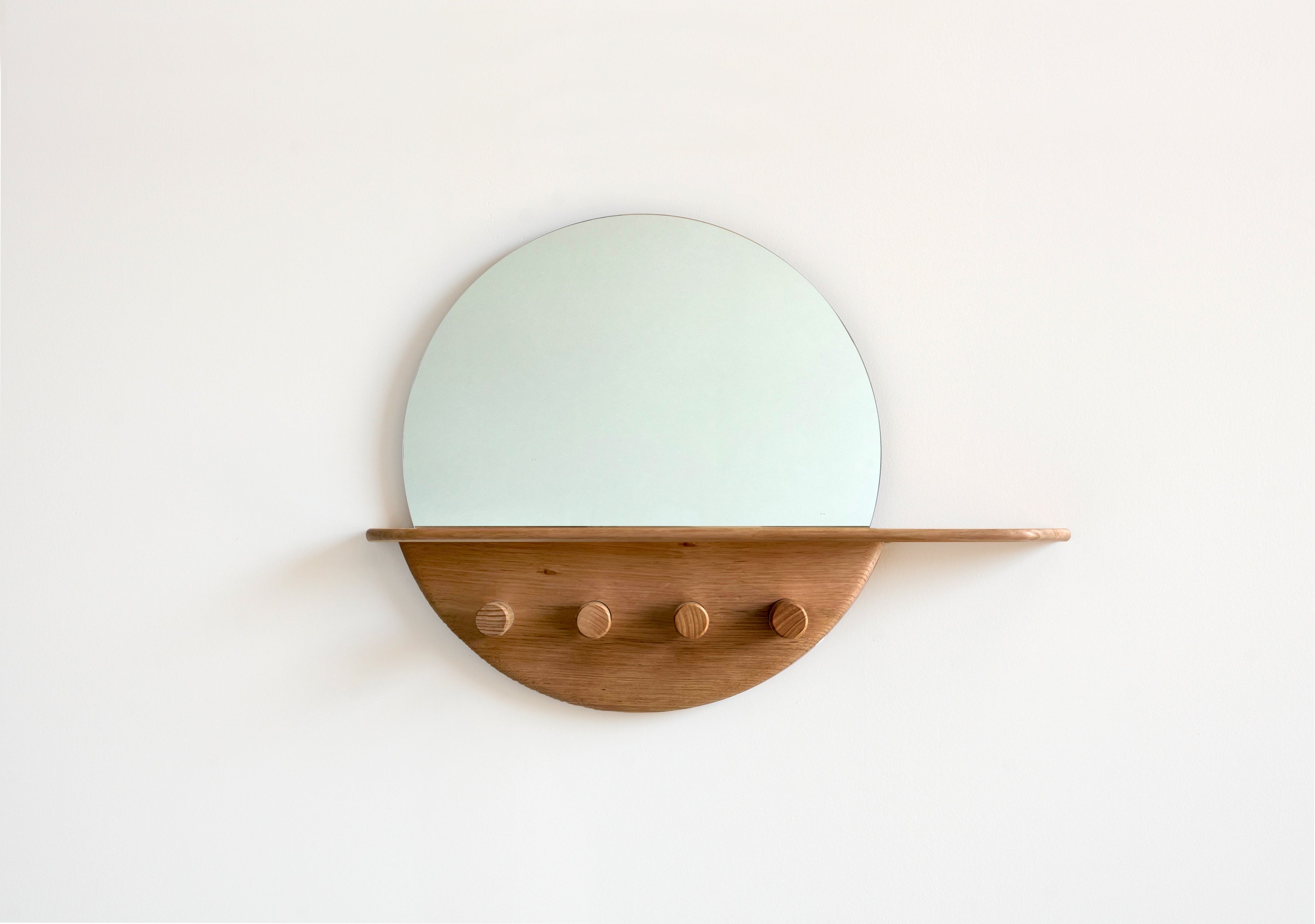 Flat packable ELN entryway mirror with key drop shelf and 4 coat hooks. Handmade locally in Melbourne Australia from ethical & sustainable sourced Tasmanian Oak timber