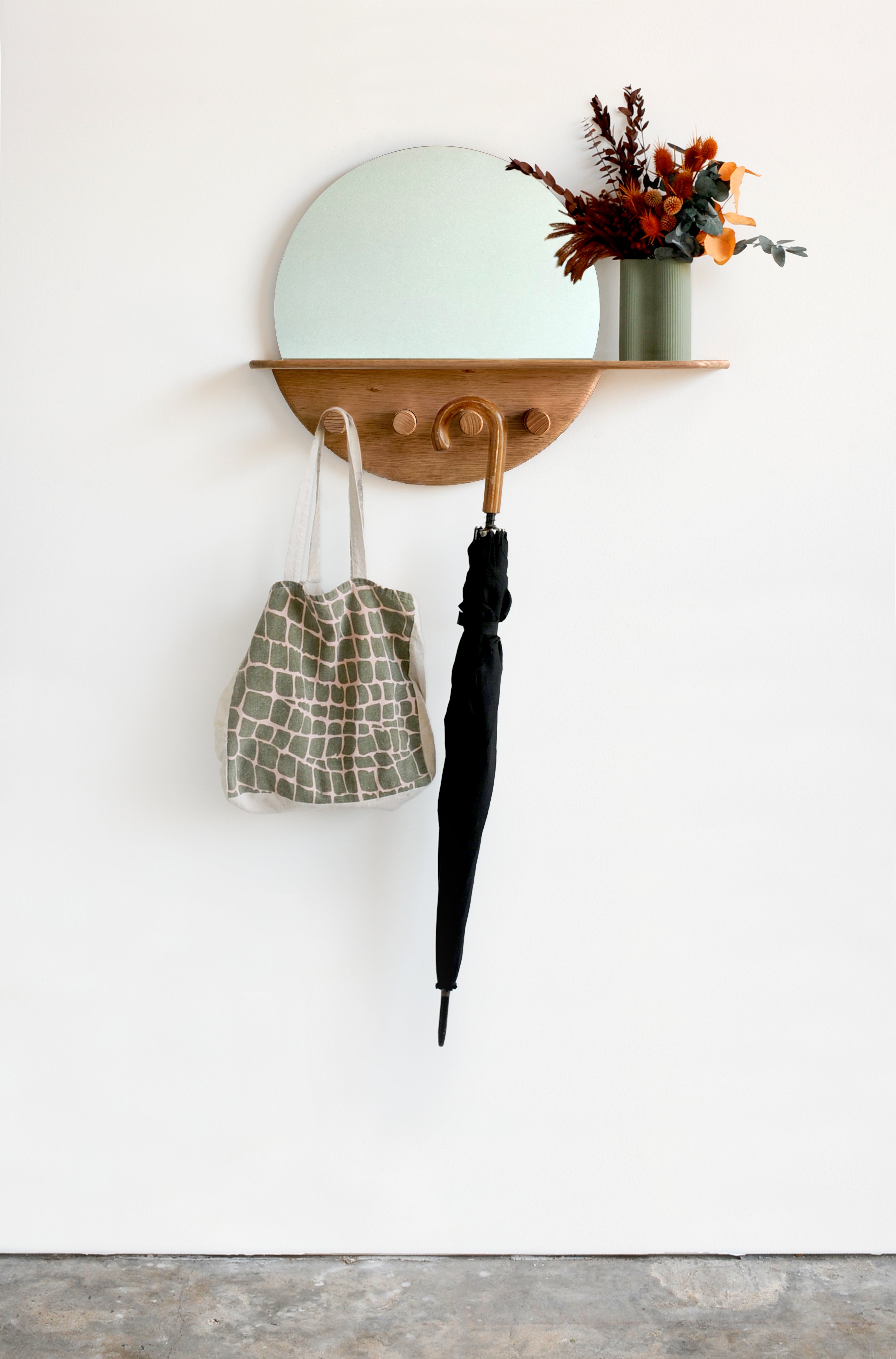 Flat packable ELN entryway mirror with key drop shelf and 4 coat hooks. Handmade locally in Melbourne Australia from ethical & sustainable sourced Tasmanian Oak timber